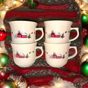 Lot Of 4 Pfaltzgraff Snow Village Christmas Hot Chocolate 12oz Coffee Mugs Cups